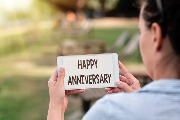 Inspiration showing sign Happy Anniversary. Concept meaning The annually recurring date of a past event celebration Voice And Video Calling Capabilities Connecting People Together — Stok fotoğraf