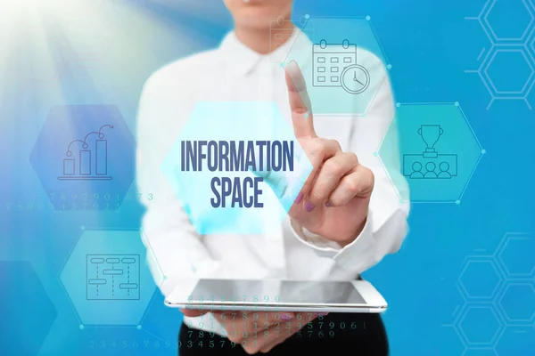 Writing displaying text Information Space. Word Written on place especially a website where information is available Lady In Uniform Holding Phone Virtual Press Button Futuristic Technology. — Foto de Stock