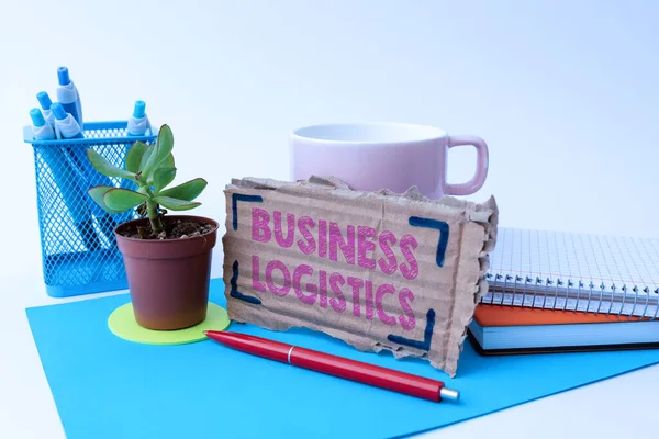Sign displaying Business Logistics. Internet Concept concerned with materials procurement and management Tidy Workspace Setup Writing Desk Tools And Equipment Taking Notes — Stockfoto