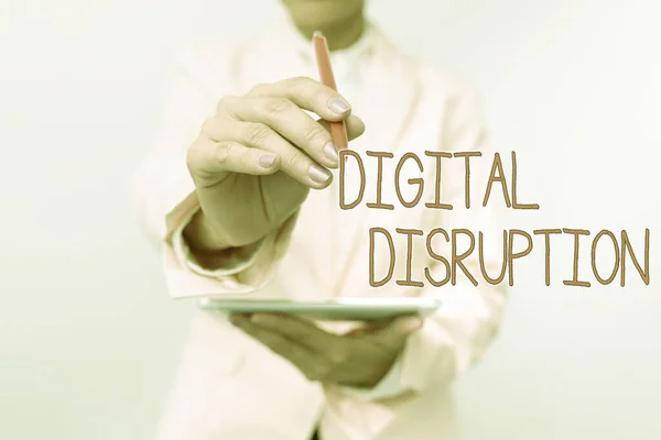 Text sign showing Digital Disruption. Word Written on transformation caused by emerging digital technologies Presenting New Technology Ideas Discussing Technological Improvement — Foto Stock
