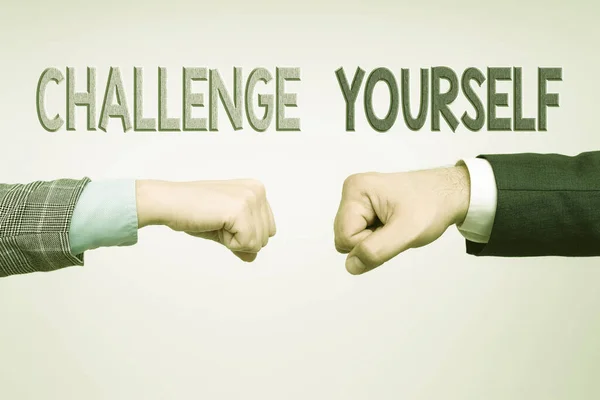 Sign displaying Challenge Yourself. Business showcase opportunity to be part of something bigger than ourselves Two Professional Well-Dressed Corporate Businessmen Handshake Indoors — Foto Stock