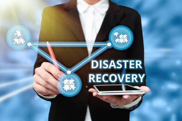 Hand writing sign Disaster Recovery. Business overview helping showing affected by a serious damaging event Lady In Uniform Holding Tablet In Hand Virtually Typing Futuristic Tech. — Stockfoto
