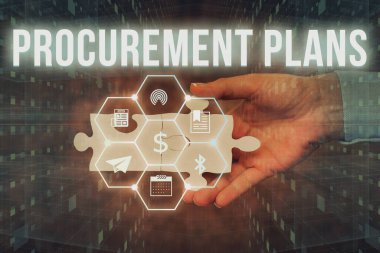 Text caption presenting Procurement Plans. Business idea determining the timeframes for their procurement Hand Holding Jigsaw Puzzle Piece Unlocking New Futuristic Technologies.