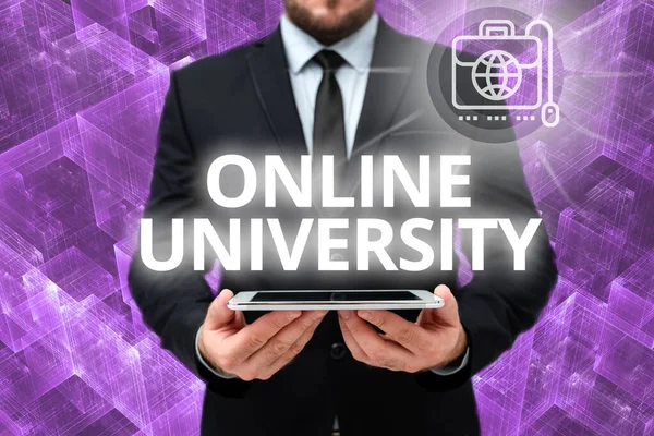 Text sign showing Online University. Business idea provides education programs through electronic media Man In Office Uniform Holding Tablet Displaying New Modern Technology. — Stockfoto