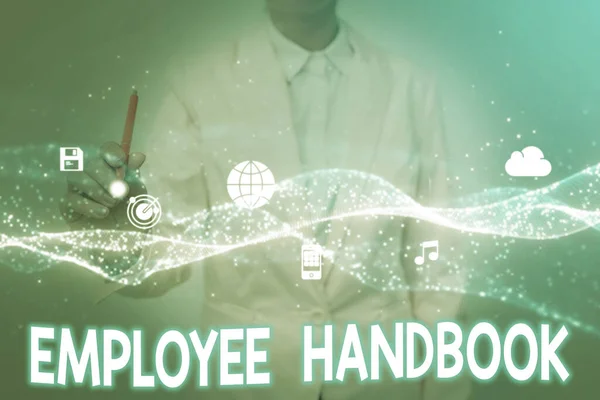 Inspiration showing sign Employee Handbook. Business concept states the rules and regulations and policies of a company Lady In Uniform Holding Tablet In Hand Virtually Tapping Futuristic Tech. — Stok fotoğraf