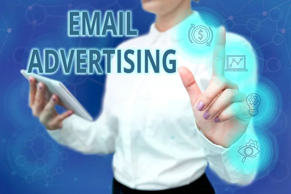 Text caption presenting Email Advertising. Internet Concept act of sending a commercial message to target market Lady In Uniform Standing Hold Phone Virtual Press Button Futuristic Tech. — Foto de Stock