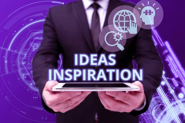 Writing displaying text Ideas Inspiration. Business overview feeling of enthusiasm you get from someone or something Man In Office Uniform Holding Tablet Displaying New Modern Technology. — Stock Fotó