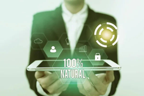 Text showing inspiration 100 Percent Natural. Word for does not contain artificial ingredients or preservatives Lady In Uniform Holding Touchpad Showing Futuristic Virtual Interface. — Stok fotoğraf