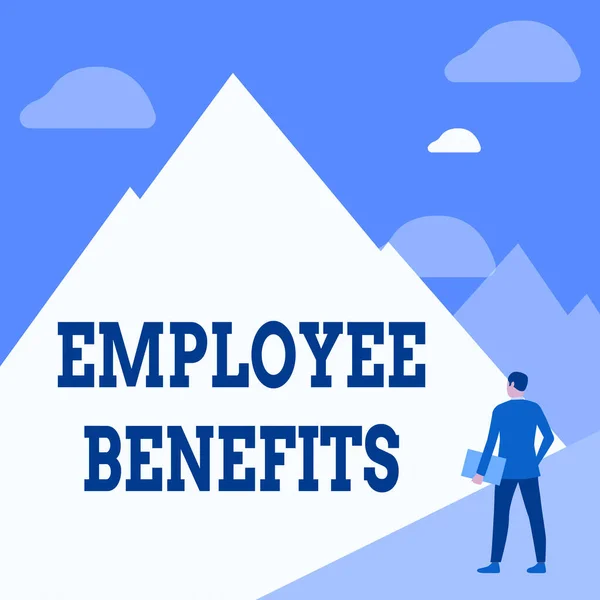 Inspiration showing sign Employee Benefits. Conceptual photo payments made to employees beyond the scope of wages Gentleman In Suit Standing Holding Notebook Facing Tall Mountain Range. — Stockfoto