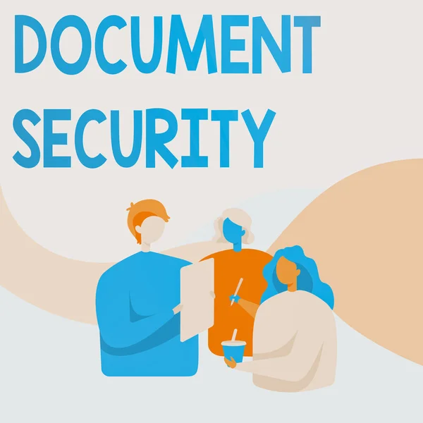 Conceptual display Document Security. Concept meaning means in which important documents are filed or stored Colleagues Standing Talking To Each Other Holding Paper Pen Cup.