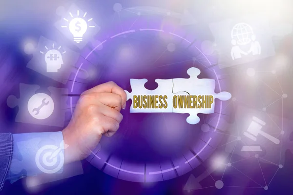 Text sign showing Business Ownership. Word Written on control or to dictate the operations and functions Hand Holding Jigsaw Puzzle Piece Unlocking New Futuristic Technologies. — 图库照片