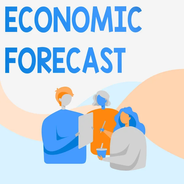 Conceptual caption Economic Forecast. Business showcase attempting to predict the future condition of the economy Colleagues Standing Talking To Each Other Holding Paper Pen Cup.