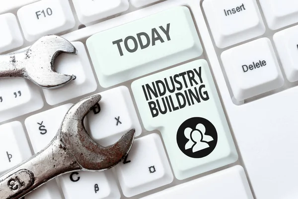 Inspiration showing sign Industry Building. Conceptual photo Factories and other premises used for manufacturing Typing Device Instruction Manual, Posting Product Review Online — Fotografia de Stock