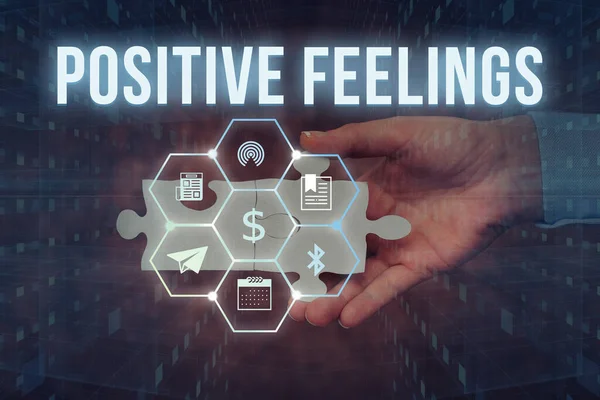 Conceptual display Positive Feelings. Conceptual photo any feeling where there is a lack of negativity or sadness Hand Holding Jigsaw Puzzle Piece Unlocking New Futuristic Technologies. — Stok fotoğraf