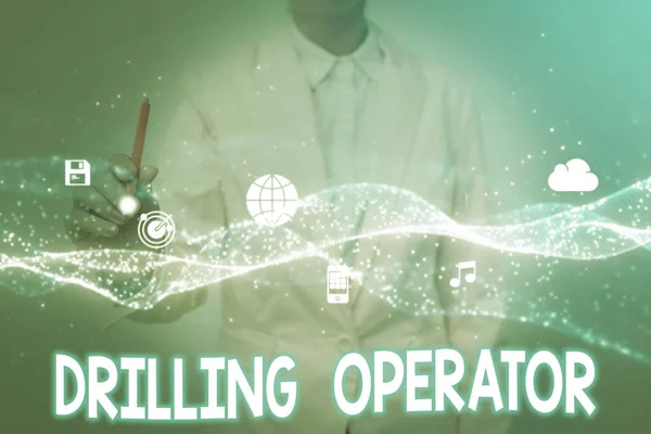 Conceptual display Drilling Operator. Business overview someone that do the rigging and drilling operations Lady In Uniform Holding Tablet In Hand Virtually Tapping Futuristic Tech. — Fotografia de Stock