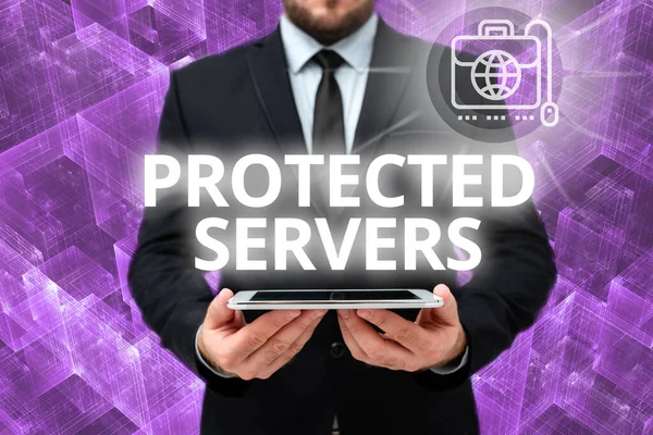 Inspiration showing sign Protected Servers. Business idea technology for controlling network access of a computer Man In Office Uniform Holding Tablet Displaying New Modern Technology. — Stock fotografie