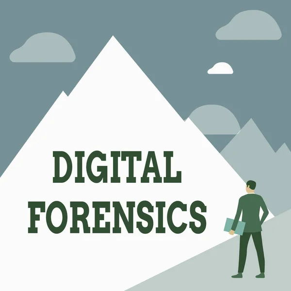 Sign displaying Digital Forensics. Internet Concept investigation of material found in digital devices Gentleman In Suit Standing Holding Notebook Facing Tall Mountain Range.