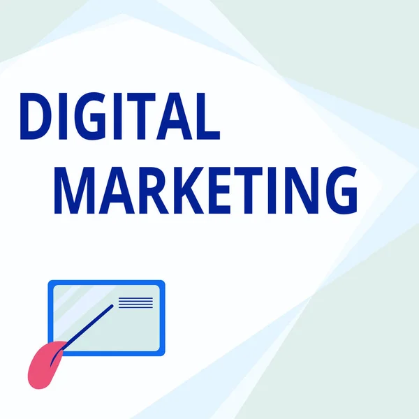 Text sign showing Digital Marketing. Concept meaning marketing of products using digital technologies Card Drawing With Hand Pointing Stick At Small Details. — Stockfoto