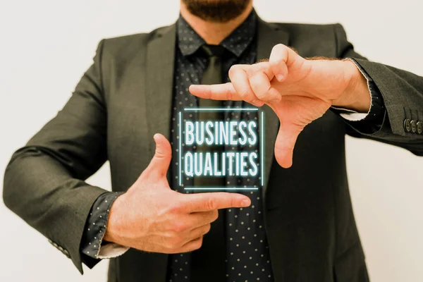 Text sign showing Business Qualities. Business approach meeting the needs and expectations of customers Presenting New Plans And Ideas Demonstrating Planning Process — Stockfoto