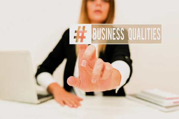 Text sign showing Business Qualities. Business overview meeting the needs and expectations of customers Assistant Offering Instruction And Training Advice, Discussing New Job — Stok fotoğraf
