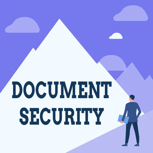 Sign displaying Document Security. Business idea means in which important documents are filed or stored Gentleman In Suit Standing Holding Notebook Facing Tall Mountain Range.