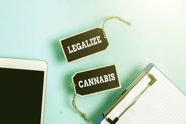 Hand writing sign Legalize Cannabis. Conceptual photo law which legalized recreational cannabis use nationwide Collection of Blank Empty Sticker Tags Tied With A String For Information Label Sign —  Fotos de Stock