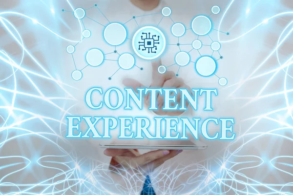 Writing displaying text Content Experience. Business approach environment in which content lives and structured Lady Holding Tablet Pressing On Virtual Button Showing Futuristic Tech. — Fotografia de Stock