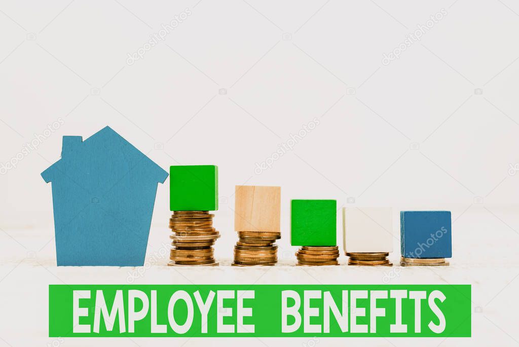 Text sign showing Employee Benefits. Business idea payments made to employees beyond the scope of wages Selling Land Ownership, Investing On New Property, Creating Sale Contract