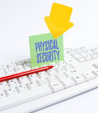 Writing displaying text Physical Security. Business overview designed to deny unauthorized access to facilities Computer Laptop For Communication Typing New Ideas And Plan Development
