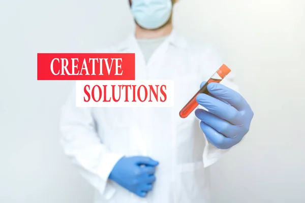 Conceptual display Creative Solutions. Concept meaning mental process of creating a solution to a problem Chemist Presenting Blood Sample, Scientist Analyzing Research Specimen — Photo