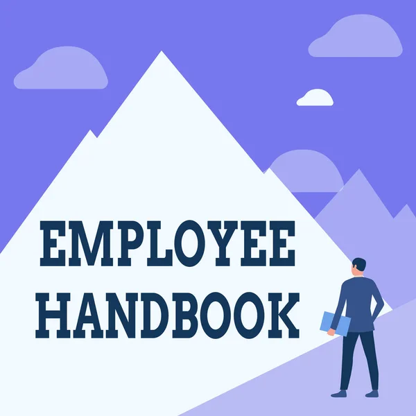 Text showing inspiration Employee Handbook. Word for states the rules and regulations and policies of a company Gentleman In Suit Standing Holding Notebook Facing Tall Mountain Range. — 图库照片