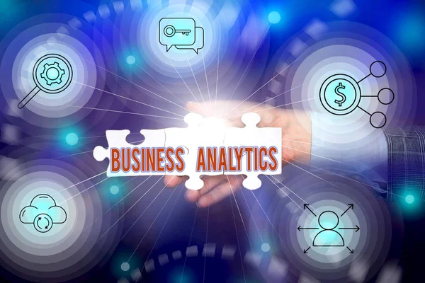 Text caption presenting Business Analytics. Internet Concept methodical exploration of an organization s is data Hand Holding Jigsaw Puzzle Piece Unlocking New Futuristic Technologies. —  Fotos de Stock