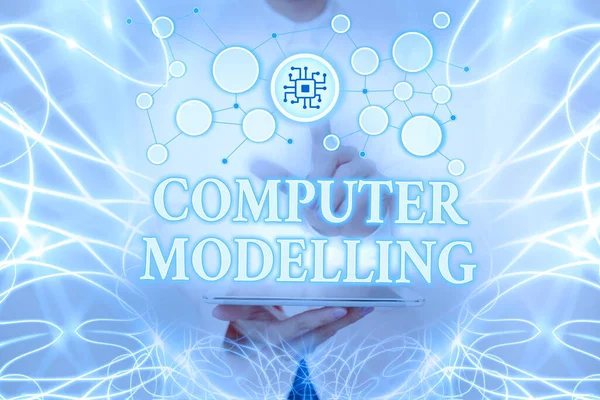 Text showing inspiration Computer Modelling. Business overview using a computer to make a model of a plan or design Lady Holding Tablet Pressing On Virtual Button Showing Futuristic Tech. —  Fotos de Stock