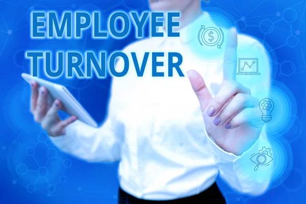 Text showing inspiration Employee Turnover. Business concept the percentage of workers who leave an organization Lady In Uniform Standing Hold Phone Virtual Press Button Futuristic Tech. — Φωτογραφία Αρχείου