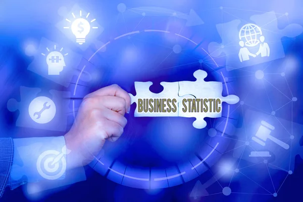Writing displaying text Business Statistic. Business overview science of accurate and very quick decision makings Hand Holding Jigsaw Puzzle Piece Unlocking New Futuristic Technologies. — 图库照片