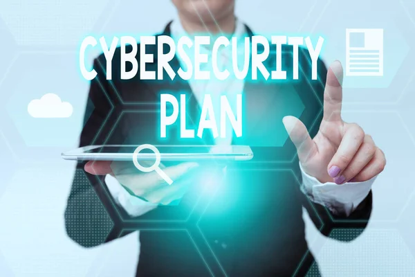 Hand writing sign Cybersecurity Plan. Business idea Techniques of protecting computer and system from attacks Woman In Suit Holding Tablet Pointing Finger On Futuristic Virtual Button. — Stock fotografie