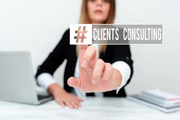 Conceptual caption Clients Consulting. Business idea providing of expert knowledge to a third party for a fee Assistant Offering Instruction And Training Advice, Discussing New Job — Stok fotoğraf