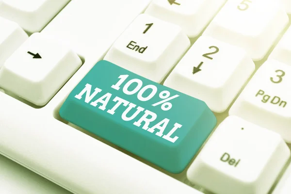 Text sign showing 100 Percent Natural. Conceptual photo does not contain artificial ingredients or preservatives Typing Helpful Blog Tutorial And Guides, Researching Strategies Online — Stok Foto