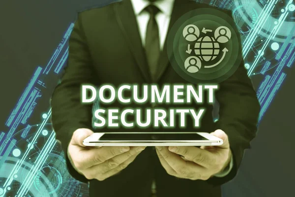 Inspiration showing sign Document Security. Business concept means in which important documents are filed or stored Man In Office Uniform Holding Tablet Displaying New Modern Technology. — Stock fotografie