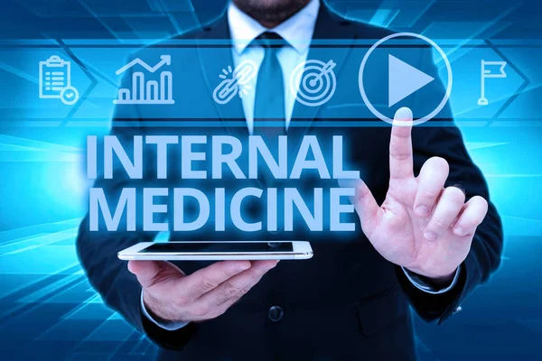 Handwriting text Internal Medicine. Business overview dedicated to the diagnosis and medical treatment of adults Man In Office Uniform Standing Pressing Virtual Button Holding Tablet.