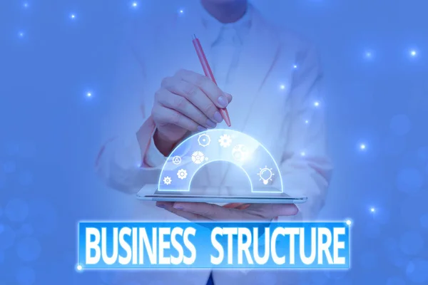 Hand writing sign Business Structure. Business showcase Organization framework that is legally recognized Lady In Uniform Holding Pen Phone Showing Futuristic Virtual Interface. — Zdjęcie stockowe