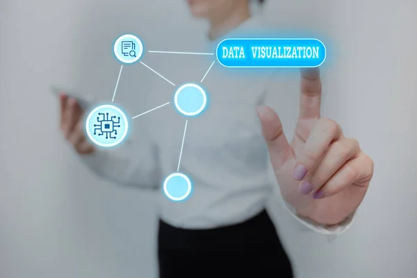 Handwriting text Data Visualization. Concept meaning representation of information in the form of a chart Lady Holding Tablet Pressing On Virtual Button Showing Futuristic Tech. — Φωτογραφία Αρχείου