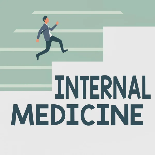 Text caption presenting Internal Medicine. Internet Concept dedicated to the diagnosis and medical treatment of adults Gentleman In Suit Running Upwards On A Large Stair Steps Showing Progress.