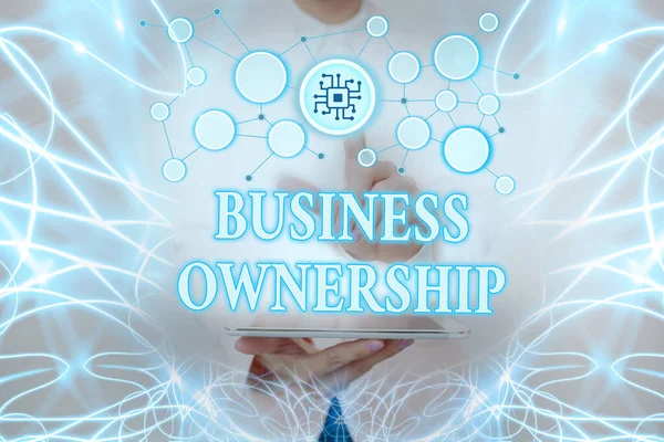 Sign displaying Business Ownership. Internet Concept control or to dictate the operations and functions Lady Holding Tablet Pressing On Virtual Button Showing Futuristic Tech. — Zdjęcie stockowe