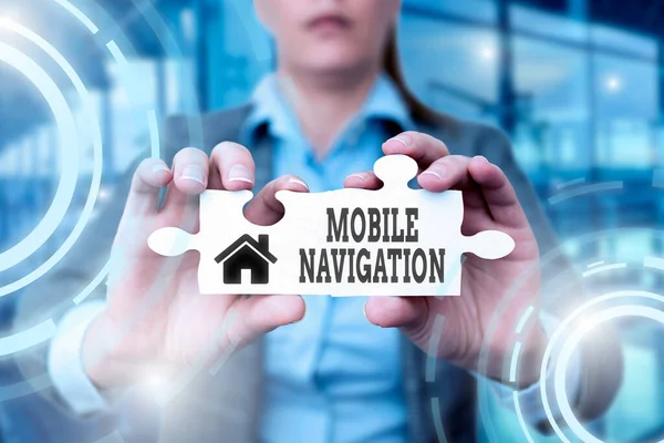 Inspiration showing sign Mobile Navigation. Business approach graphical user interface used to aid the vehicle driver Business Woman Holding Jigsaw Puzzle Piece Unlocking New Futuristic Tech. — ストック写真