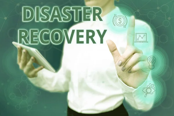 Sign displaying Disaster Recovery. Business concept helping showing affected by a serious damaging event Lady In Uniform Standing Hold Phone Virtual Press Button Futuristic Tech. — Stock Photo, Image