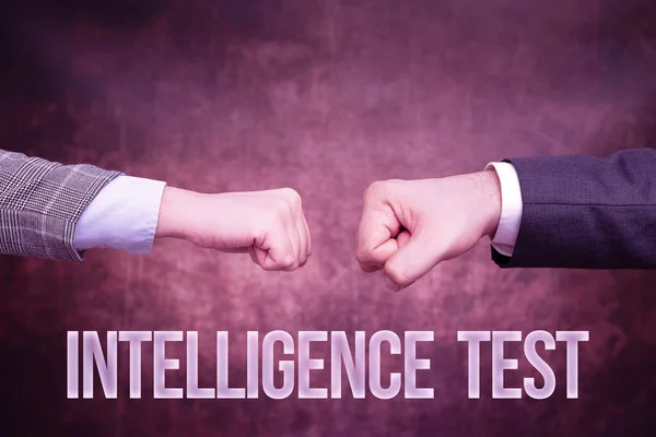 Sign displaying Intelligence Test. Word Written on test designed to measure the ability to think and reason Two Professional Well-Dressed Corporate Businessmen Handshake Indoors — Φωτογραφία Αρχείου