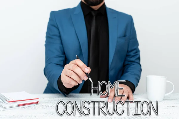 Hand writing sign Home Construction. Business overview the process of constructing a living accommodation Discussing Important Idea Presenting And Explaining Business Plan Designs — Fotografia de Stock