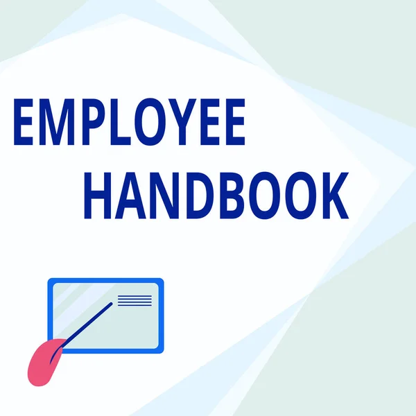 Conceptual display Employee Handbook. Word for states the rules and regulations and policies of a company Card Drawing With Hand Pointing Stick At Small Details.