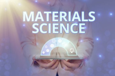Conceptual display Materials Science. Concept meaning interdisciplinary field involving the properties of matter Lady In Uniform Holding Pen Phone Showing Futuristic Virtual Interface.